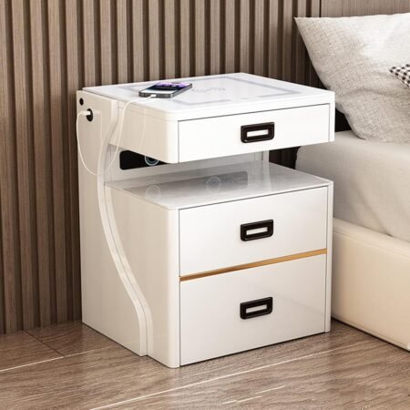 Smart Htstand, Smart Side Table, Htstand With Wireless Charging, 3-Color LED Light, Infinitely Dimmable USB Port, Bedside Table With 3 Independent Drawers