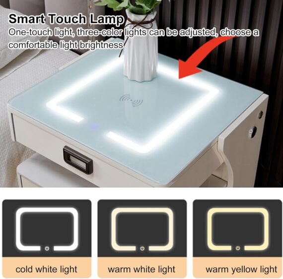Smart Htstand, Smart Side Table, Htstand With Wireless Charging, 3-Color LED Light, Infinitely Dimmable USB Port, Bedside Table With 3 Independent Drawers