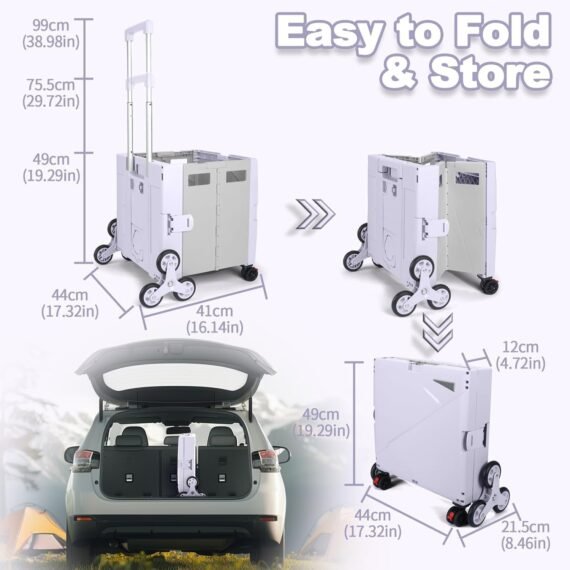 ⚡Clearance Price 18,28 zł​🎁FELICON Folding Climber Utility Cart Rolling Crate Tote on Rotate Wheels with Adjustable Handle Hidden Lid Cup Holder Storage Toolbox for Teacher Office File Move Shop Travel Laundry Grocery